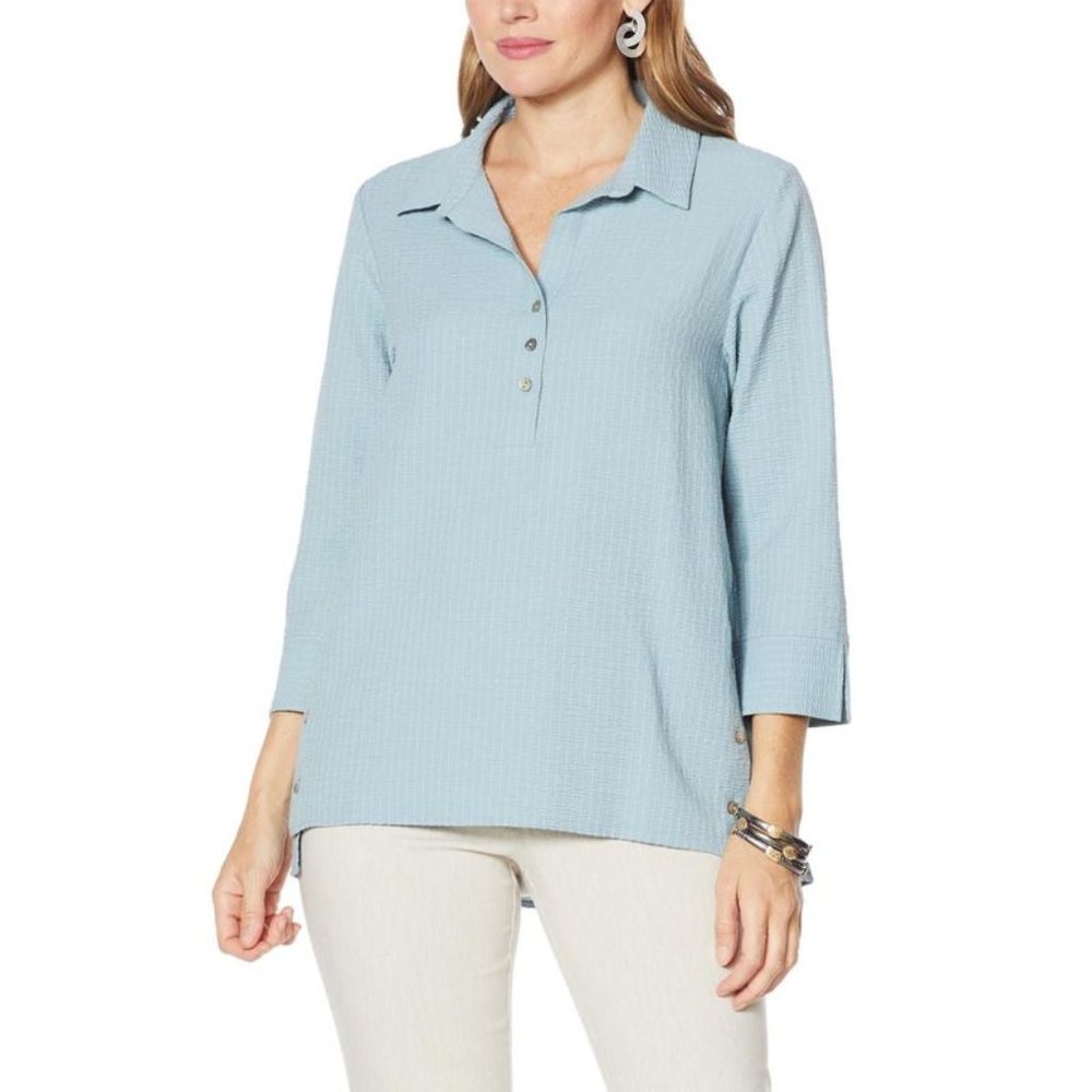 MarlaWynne Running Stitch Henley Popover in Stone Blue